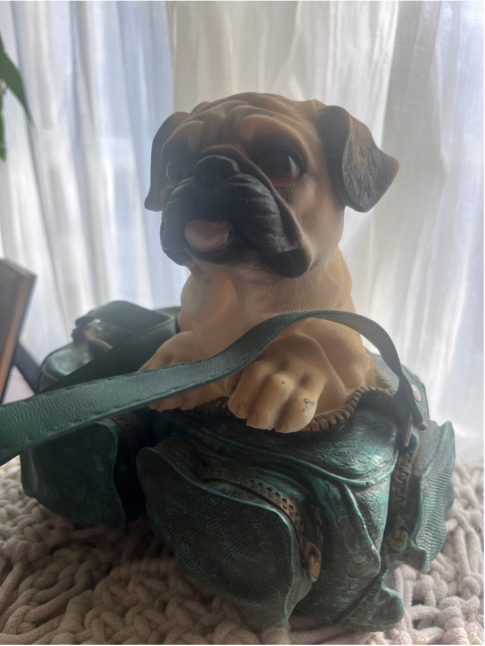 Vintage Realistic Pug Puppy in Purse Figurine Resin Dog Lover Collectible Statue